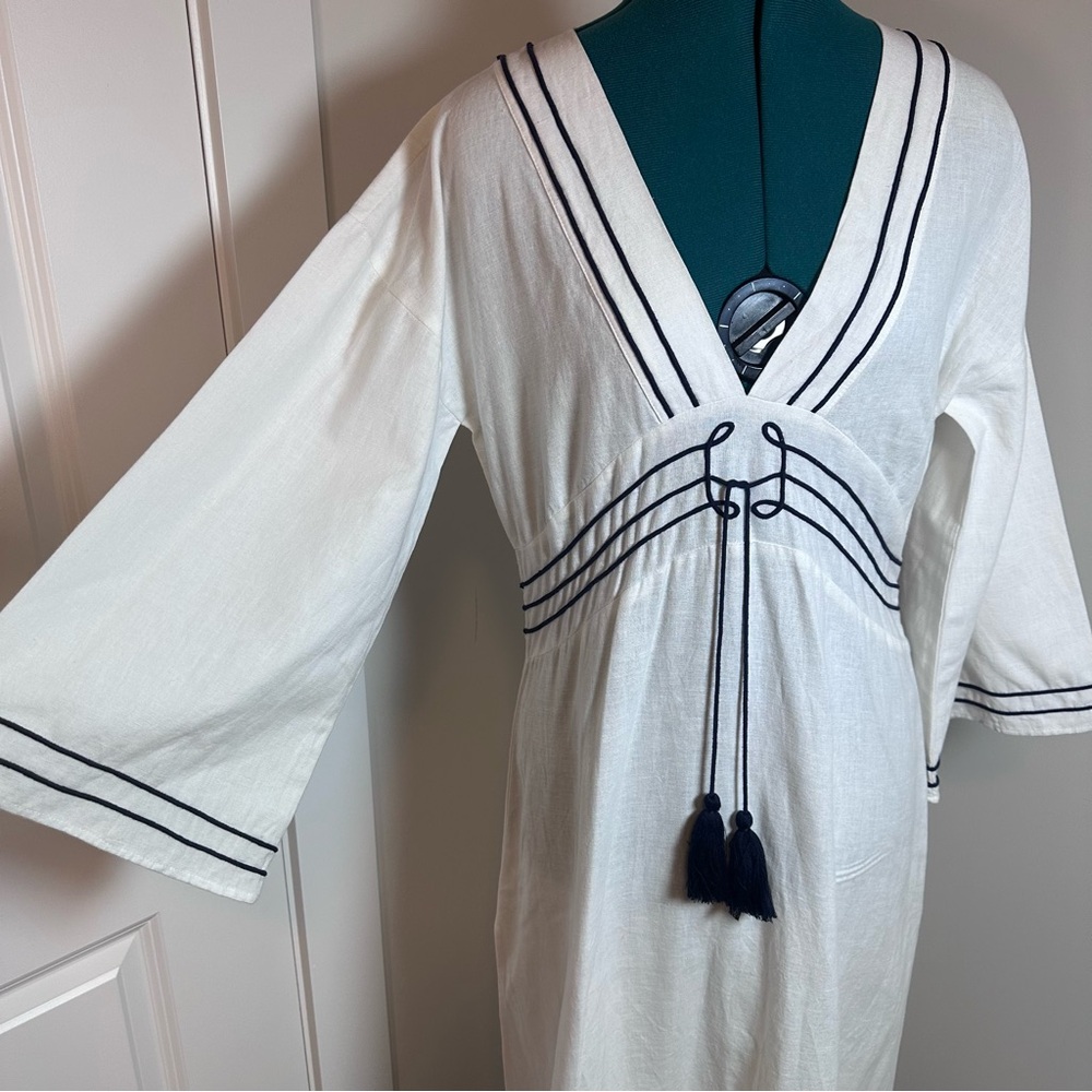 White Maxi Dress with Navy Trim and Tassel Tie - Picture 4 of 13